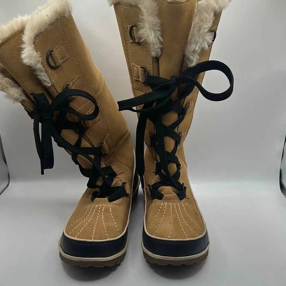 Sorel Sz 7 Tivoli High II Boots Curry Fur Lined Suede Tan Black Winter Snow Boot